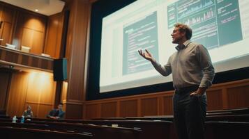 Man Giving Presentation in a Conference Room with Data Projected on a Screen photo