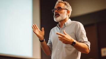 A Man With a Grey Beard and Glasses Speaking During a Presentation photo