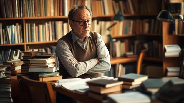 Thoughtful Man in a Library Surrounded by Books photo
