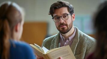 A Man with Glasses Reads a Book to a Group of People photo
