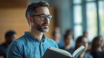 A bearded man in glasses reading a book in a classroom photo