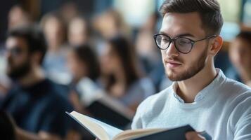 Young Man with Glasses Reading a Book in a Classroom photo