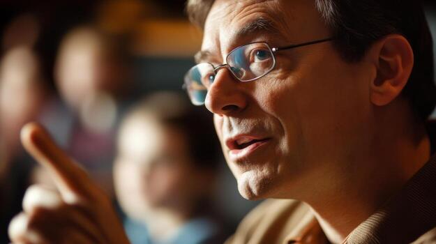 Close-up of a middle-aged man with glasses talking and gesturing with his finger photo