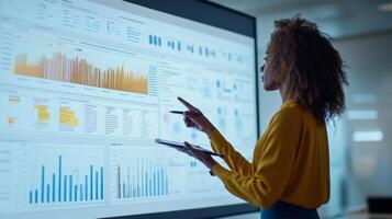 Businesswoman presenting data analysis on a large screen photo