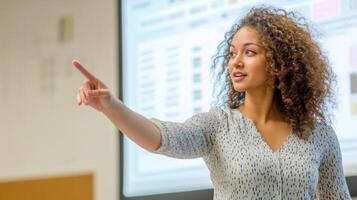 A Young Woman with Curly Hair Points to a Whiteboard During a Presentation photo