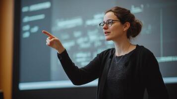 Woman in Glasses Giving a Presentation in Front of a Screen photo