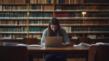 Woman Working on Laptop in a Library Setting photo