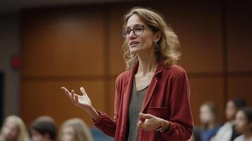 Woman with glasses and a red jacket speaking to an audience photo