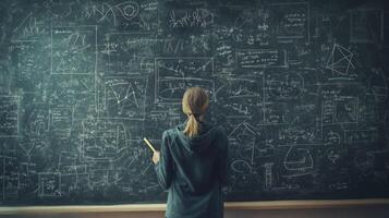 A Young Woman Stands Before a Chalkboard Filled With Scribbles and Diagrams photo
