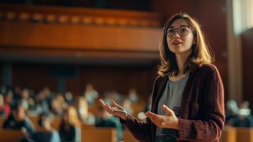 Young Woman Giving a Presentation in a Lecture Hall photo