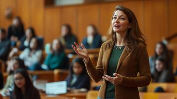 Woman in a Brown Jacket Giving a Presentation to an Audience photo