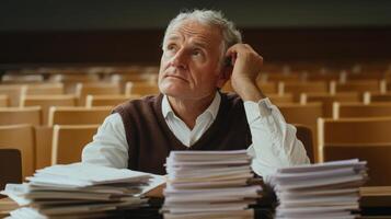 Senior Man Contemplating in a Classroom Surrounded by Stacks of Papers photo