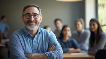 Smiling Man in a Blue Shirt Looking at the Camera in a Classroom Setting photo
