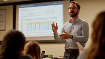 A man in a striped shirt giving a presentation to a class. photo