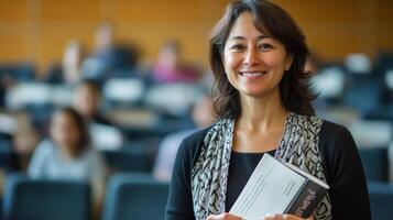 Smiling Woman Holding a Book in a Lecture Hall photo