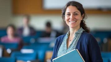 Smiling Woman in a Blue Sweater Holding a Blue Notebook in a Classroom photo