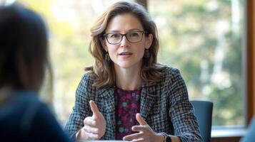 A woman with glasses and a checkered blazer gesturing during a conversation photo