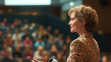 Woman in Leopard-Print Blouse Speaking to Audience photo