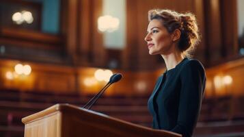 Woman in Black Suit Addressing a Crowd at a Podium photo