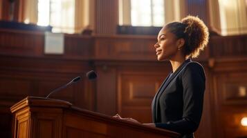 Woman Speaking at a Podium in a Formal Setting photo