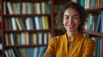 Smiling Woman in a Yellow Shirt with Bookshelf in the Background photo