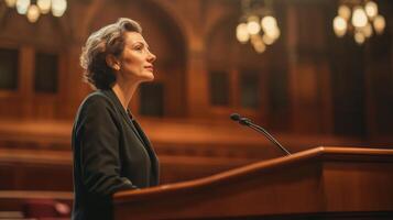 A Woman Giving a Speech at a Podium in a Large Hall photo