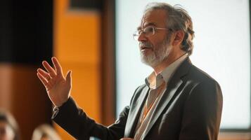A Man in a Suit Giving a Presentation with an Open Palm Gesture photo