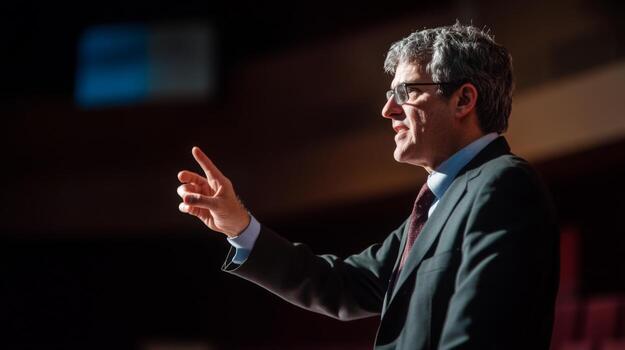 A man in a suit and glasses gestures while speaking photo