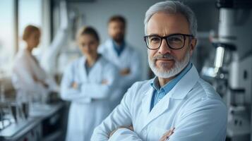 Confident Senior Scientist in a Lab Coat with Arms Crossed photo