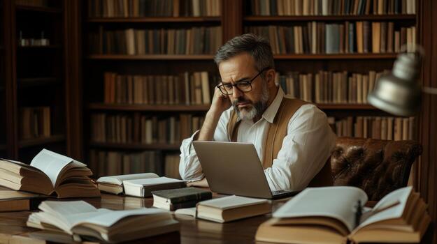 A Man Working on a Laptop in a Library Surrounded by Books photo