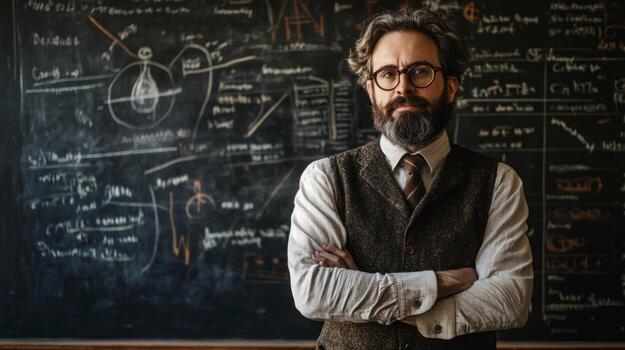 A Man Standing in Front of a Chalkboard Covered in Notes photo