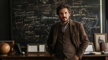 A man in a brown suit and vest standing in front of a chalkboard covered in writing photo