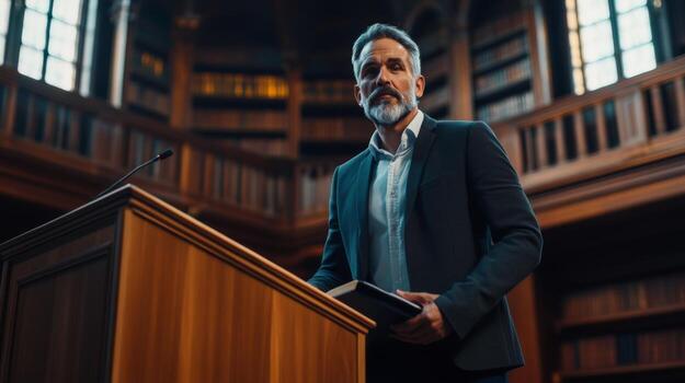 un hombre en un traje en pie a un podio en un biblioteca foto