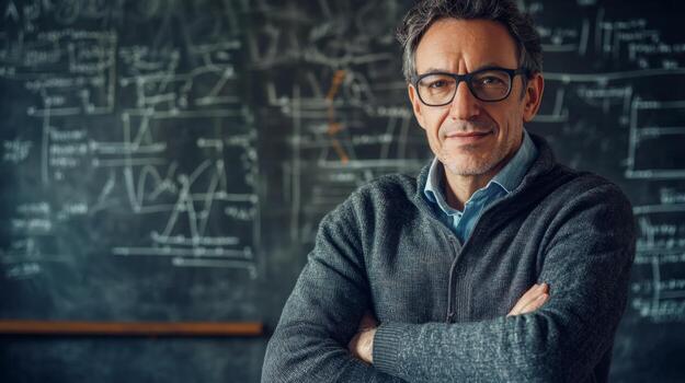 Portrait of a Confident Man Standing in Front of a Chalkboard with Mathematical Equations photo