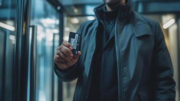 Man holding a black credit card in a blue jacket photo