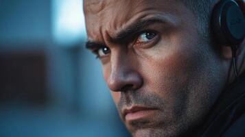 Close-up portrait of a man with intense gaze and headphones photo