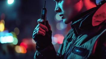 A Person Using a Two-Way Radio in a Neon-Lit Urban Setting photo