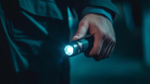 de cerca de un mano participación un Linterna en un oscuro ambiente foto