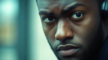 Close-up Portrait of a Man with Headphones Looking Directly at the Camera photo