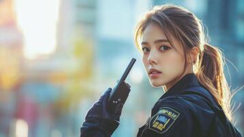 A Female Law Enforcement Officer Using a Handheld Radio photo