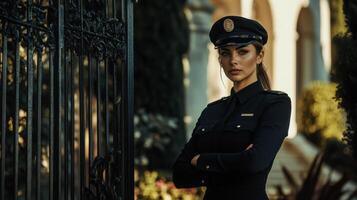 Woman in a Black Officer Uniform Standing by a Gate photo