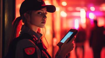 Young woman in a security uniform standing in a red-lit environment, holding a tablet. photo