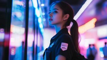 Woman with Ponytail in Neon Lights photo