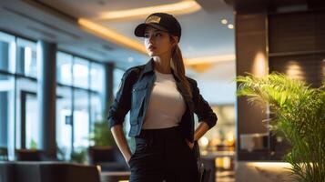 Woman in Black Jacket and Cap Standing in a Modern Lobby photo