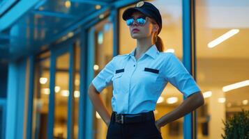 Young Woman in Security Uniform Standing Outside a Building photo