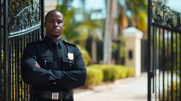 Security Guard Standing by a Gate, Arms Crossed photo