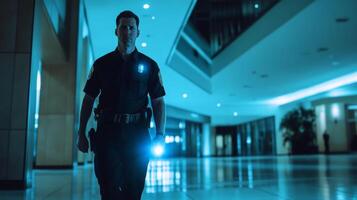 Police Officer with Flashlight in a Blue-Lit Hallway photo