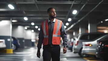Black Man Wearing a Safety Vest Walks in a Garage photo