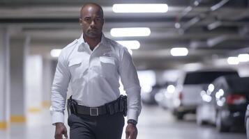 Security Guard Walking Through a Parking Garage photo