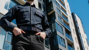 Security Guard in Black Uniform Standing in Front of Modern Building photo